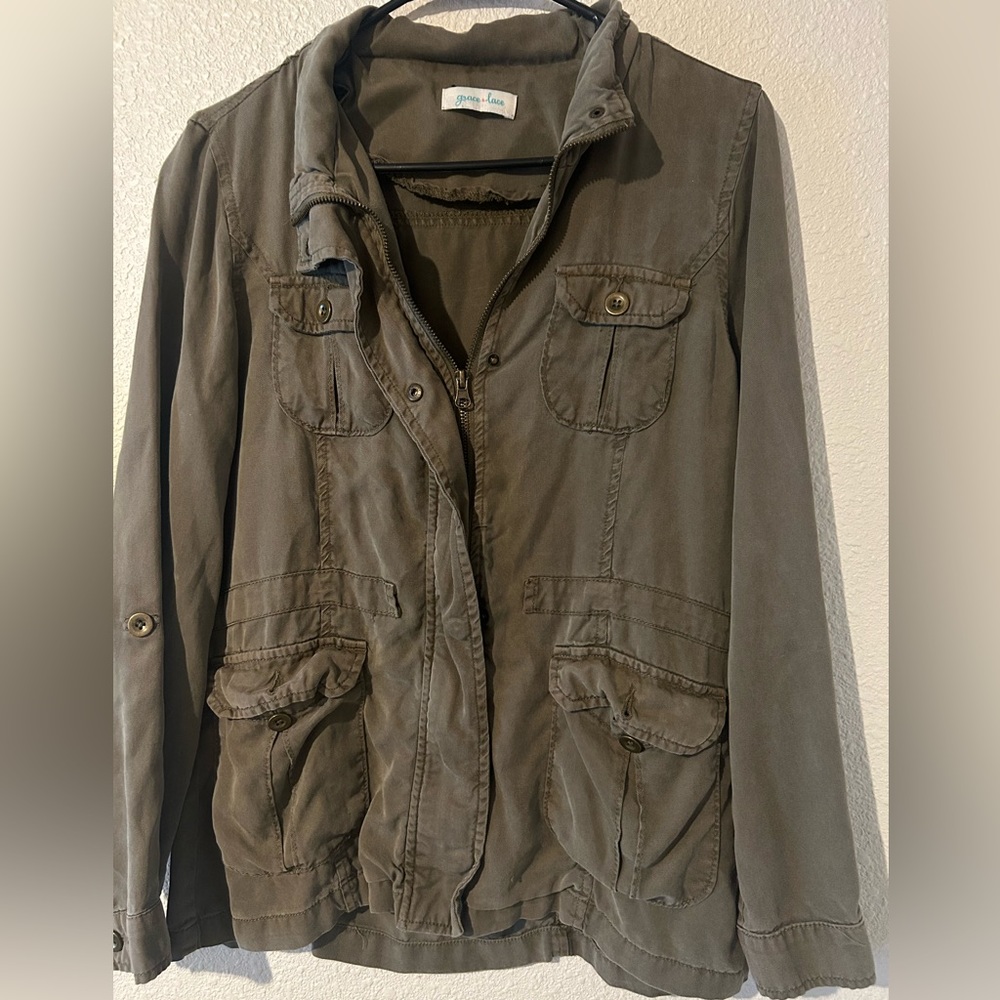 Grace & Lace Women's Full Zip Military Utility Jacket Green Small